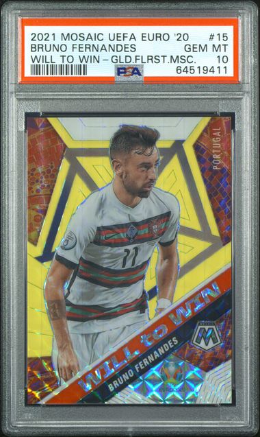Panini Bruno Fernandes 08/10 Will To Win Gold Fluorescent #15 2021 Uefa Euro Soccer PSA 10