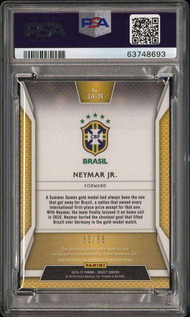 Panini Neymar Jr. 33/55 Jersey Autographs #JA-N 2016 Select Soccer PSA 9