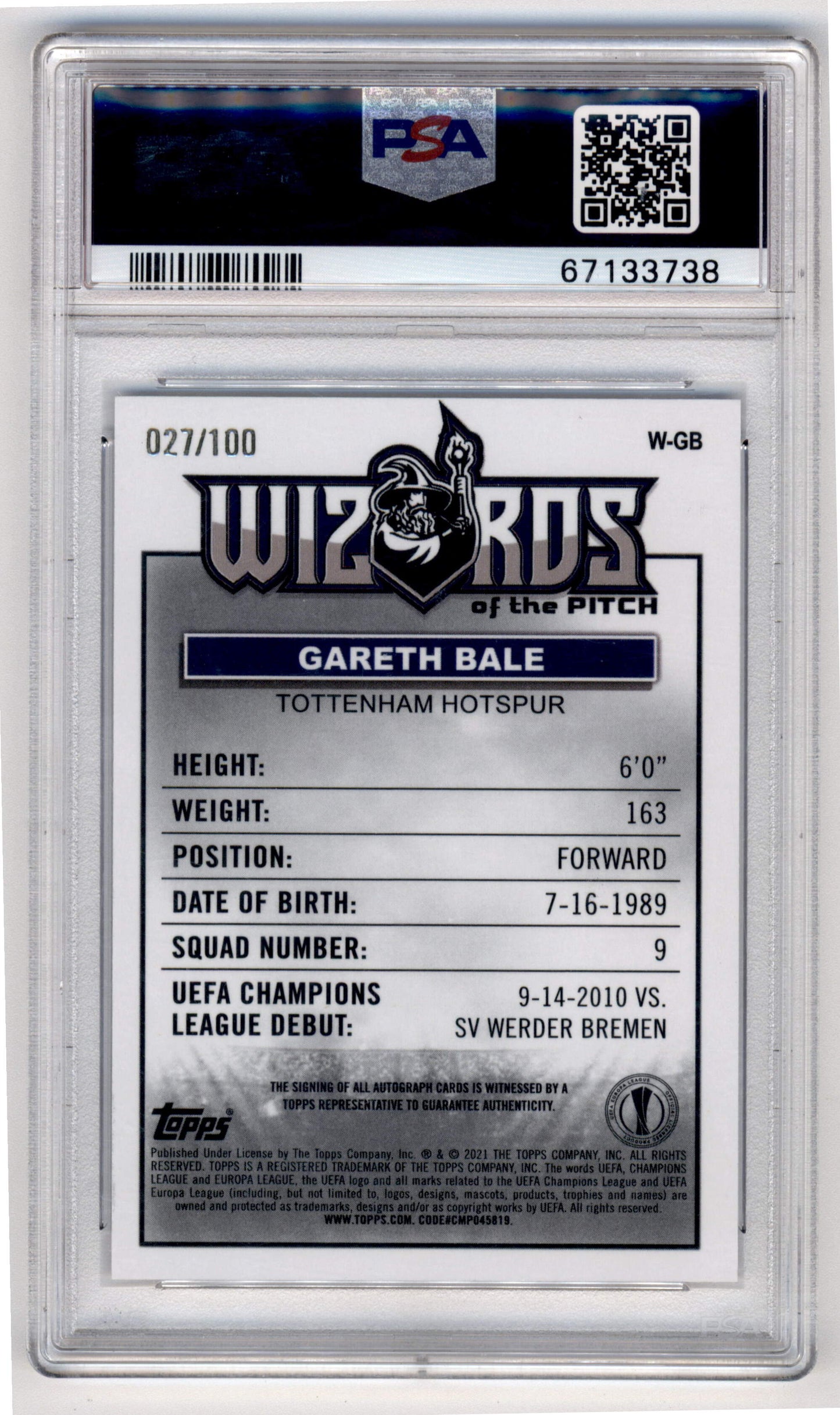 Topps Gareth Bale 027/100 Wizards Of The Pitch Autograph #W-GB 2020/21 Merlin Chrome UCL PSA 10