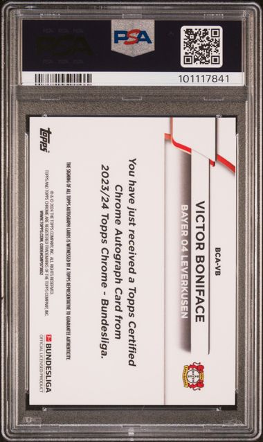 Topps Victor Boniface 1/1 Sapphire Autograph Padparadscha #BCA-VB 2023-24 Chrome Bundesliga Sapphire PSA 9