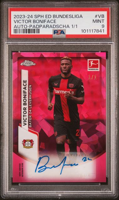 Topps Victor Boniface 1/1 Sapphire Autograph Padparadscha #BCA-VB 2023-24 Chrome Bundesliga Sapphire PSA 9