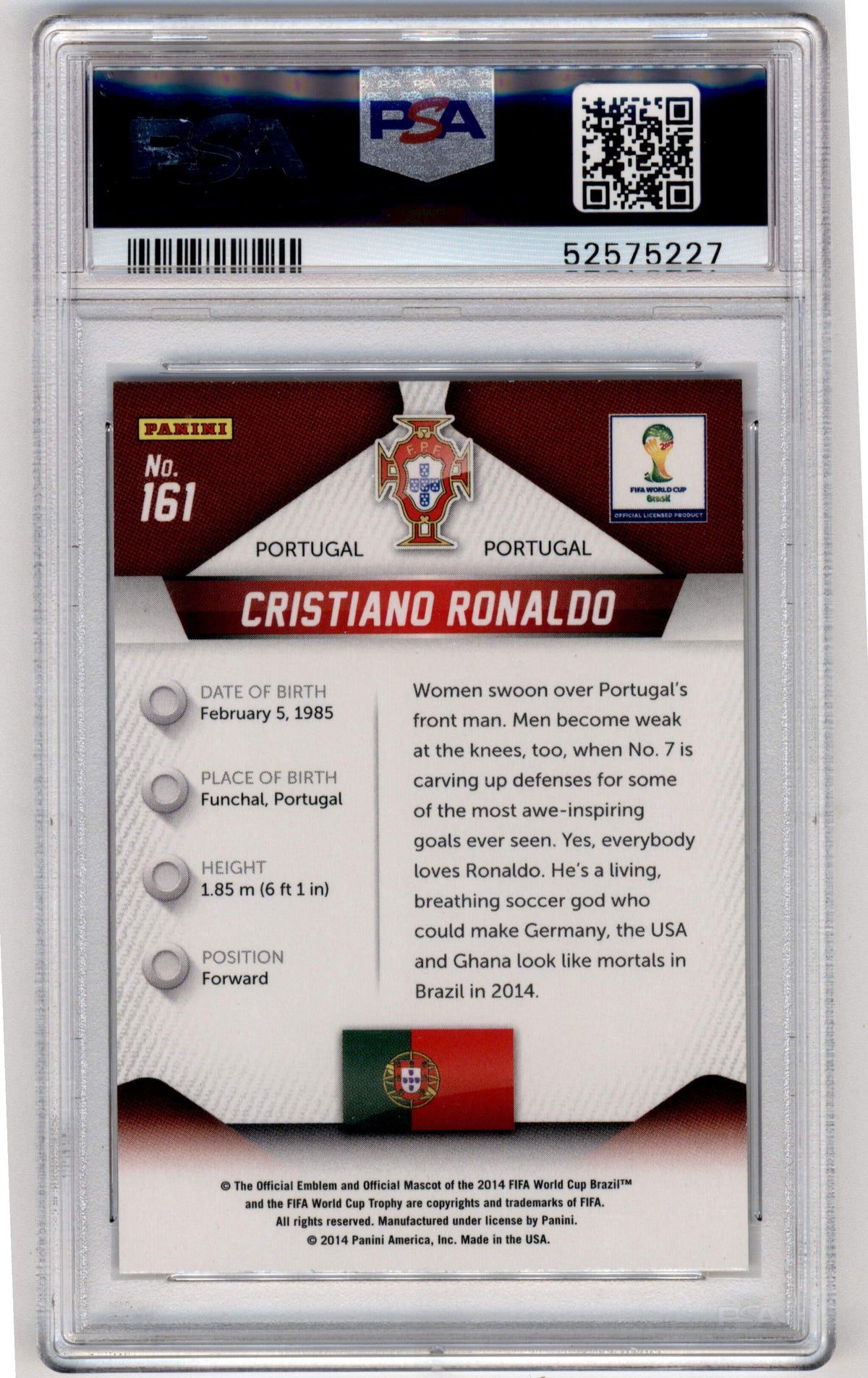 Panini Cristiano Ronaldo #161 2014 2014 Panini Prizm World Cup PSA 10