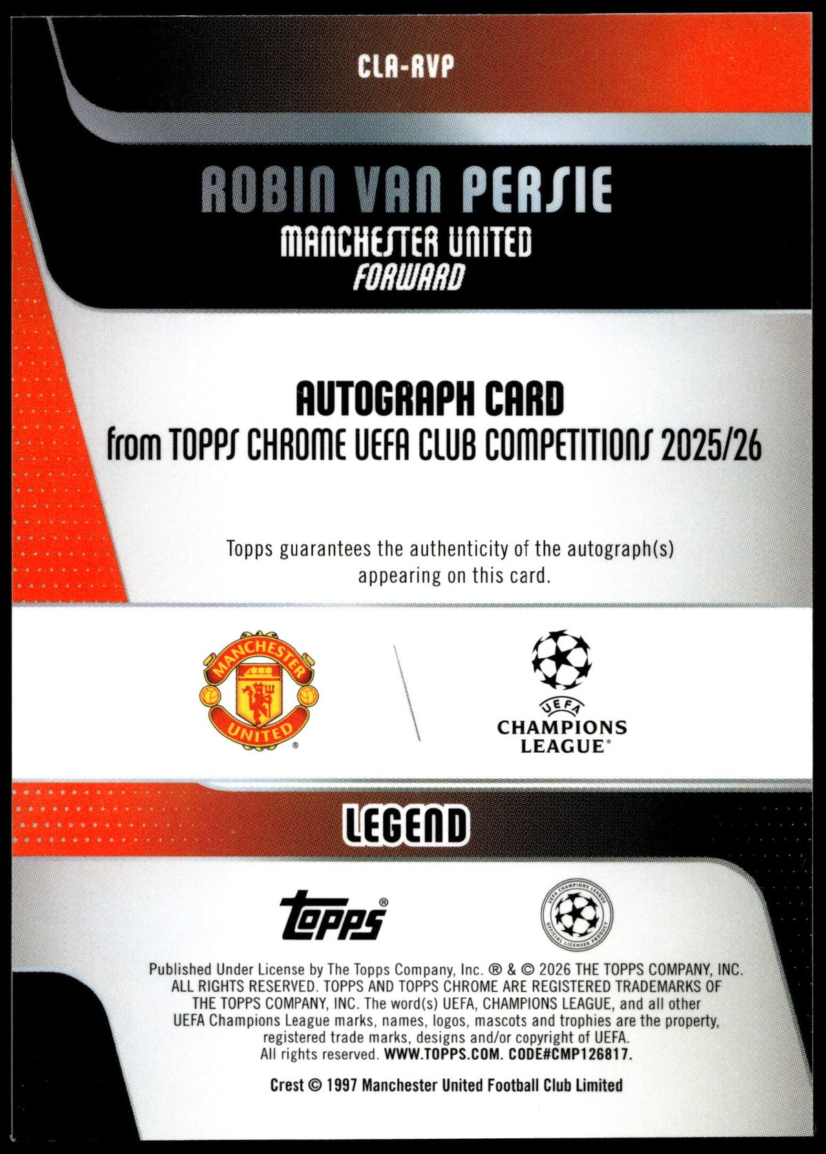 Topps Robin Van Persie 23/25 Orange Logofractor CLA-RVP 2025/26 Chrome Uefa Cłub Competitions