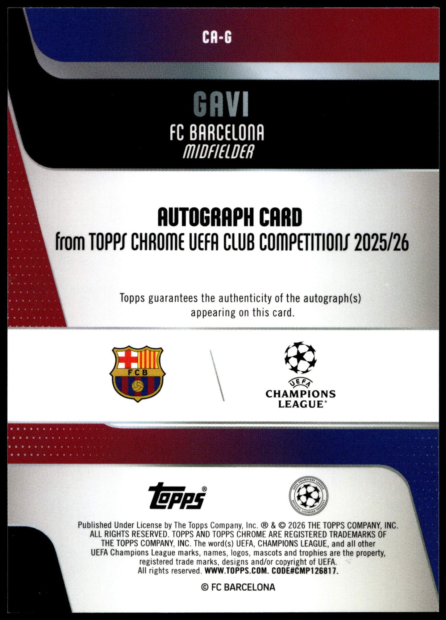 Topps Gavi 16/25 Orange Logofractor CA-G 2025/26 Uefa Club Competitions