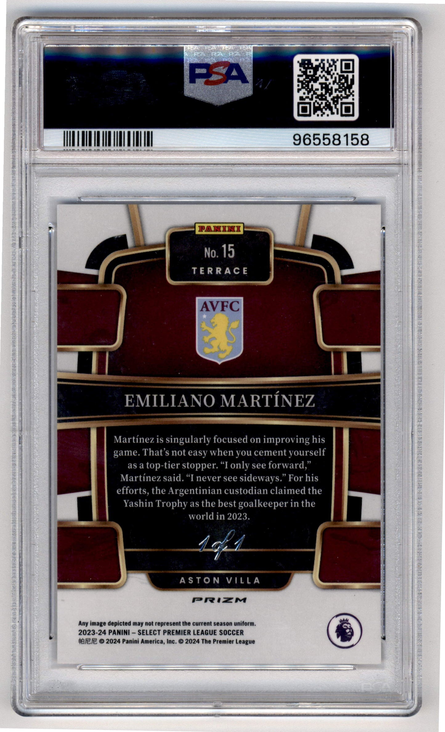 Panini Emiliano Martinez 1/1 Black #15 2023/24 Select Premier League PSA 9