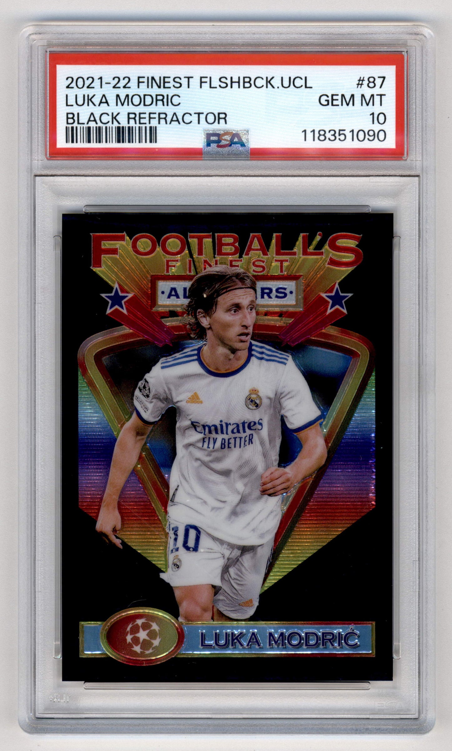 Topps Luka Modric 22/25 Black Refractor #87 2021-22 Finest Flashback UCL PSA 10