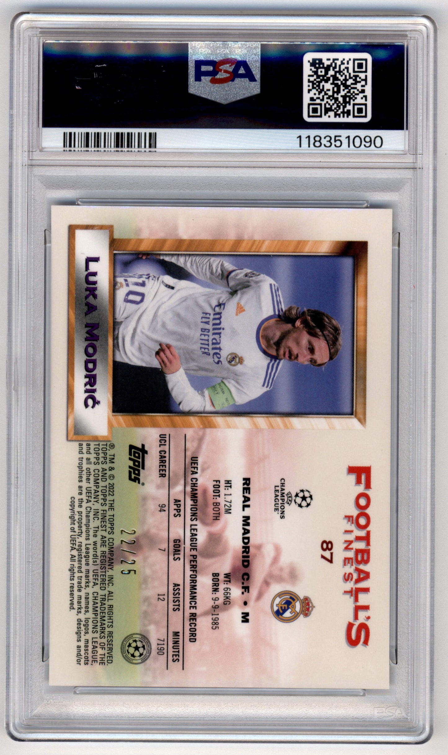 Topps Luka Modric 22/25 Black Refractor #87 2021-22 Finest Flashback UCL PSA 10