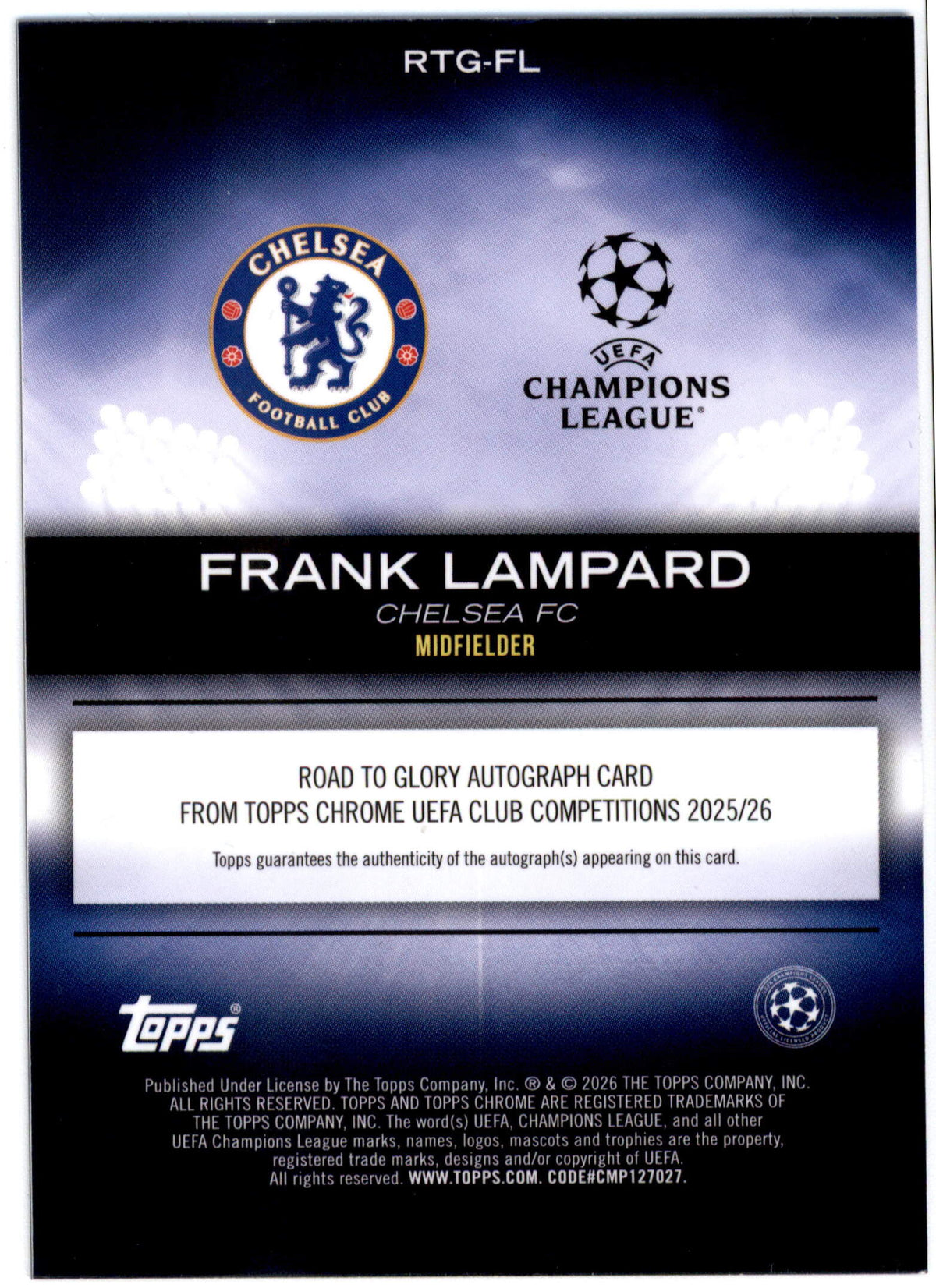 Topps Frank Lampard Road To Glory 21/25 Orange #RTG-F Chrome UCC 2025-26