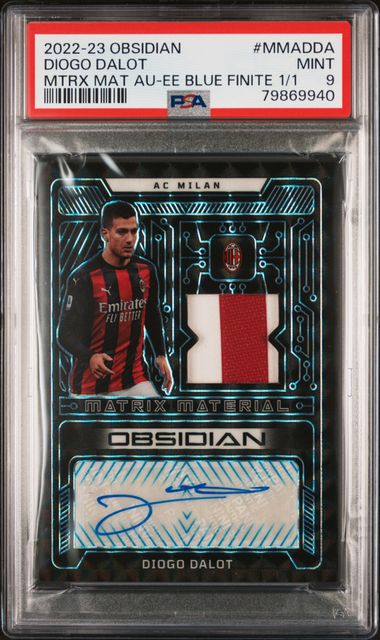 Panini Diogo Dalot 1/1 Matrix Material Autograph Electric Etch Blue Finite #MMADDA 2022-23 Obsidian PSA 9