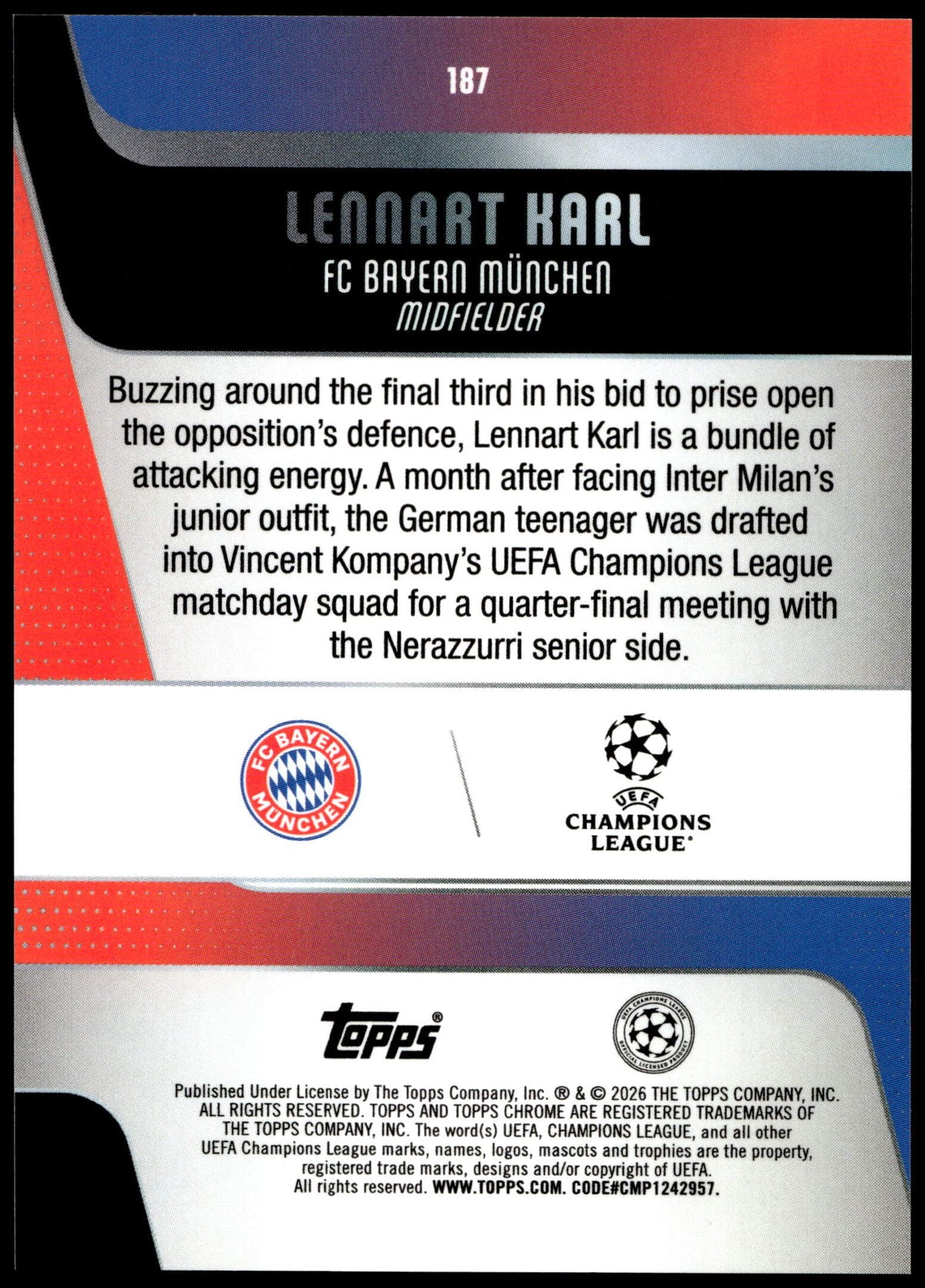 Topps Lenart Karl RC 54/75 Logofractor Purple #187 2025 Chrome UCC Logofractor