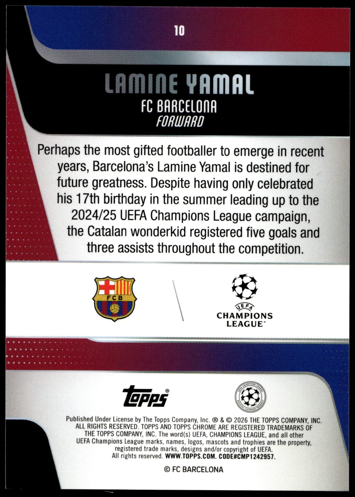 Topps Lamine Yamal Purple Refractor 48/75 #10 2025/26 Chrome UEFA Club Competitions