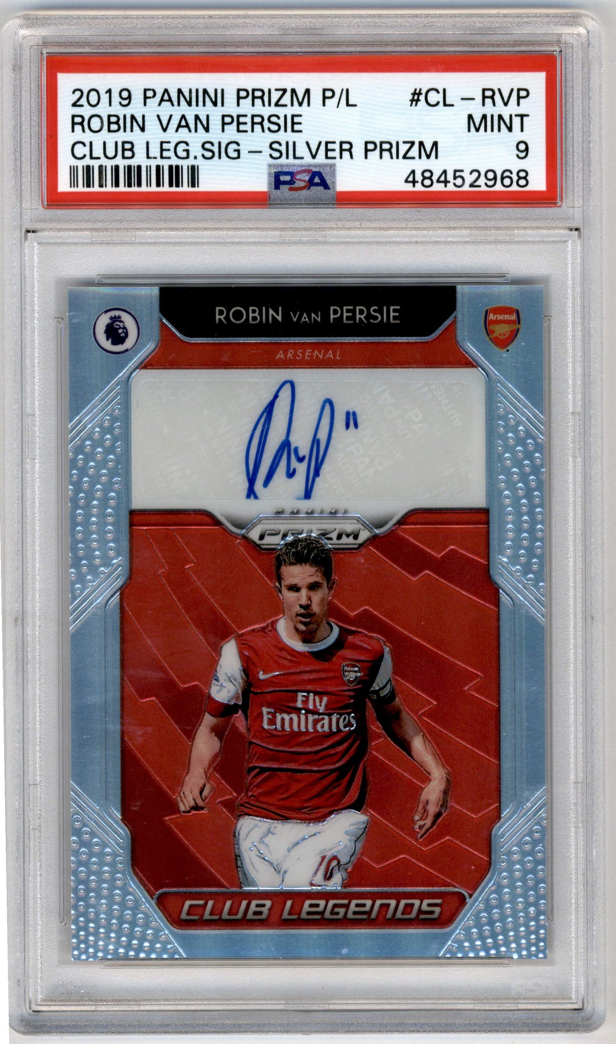 Panini Robin Van Persie 03/25 Club Legends Signatures Silver Prizm #CL-RVP 2019 Prizm Premier League PSA 9