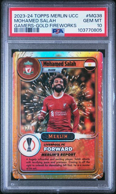 Topps Mohamed Salah 32/50 Gamers Gold Fireworks #MG38 2023-24 Merlin UCC PSA 10