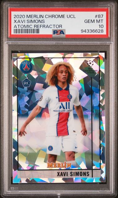 Topps Xavi Simons 238/250 Atomic Refractor RC #87 2020 Merlin Chrome UCL PSA 10