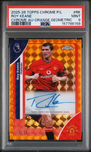 Topps Roy Keane 08/25 Autograph Orange Geometric #RK 2025-25 Chrome Premier League PSA 9