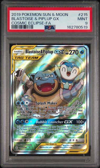 Pokemon Blastoise & Piplup GX 215/236 Full Art Tag Team 2019 Cosmic Eclipse PSA 9