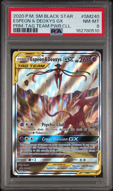 Pokemon Espeon & Deoxys GX SM240 Full Art 2020 Black Star Promo PSA 8