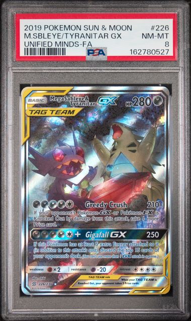 Pokemon Mega Sableye & Tyranitar GX 226/236 Full Art 2019 Unified Minds PSA 8
