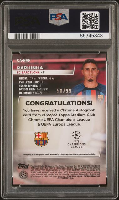 Topps Raphinha 56/99 Autograph Green #CARAP 2022-23 Stadium Club Competitions UCC PSA 10