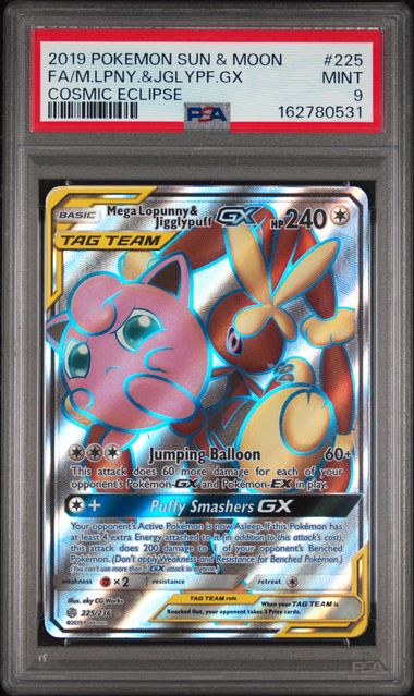 Pokemon Mega Lopunny & Jigglypuff GX 225/236 Full Art Tag Team 2019 Cosmic Eclipse PSA 9