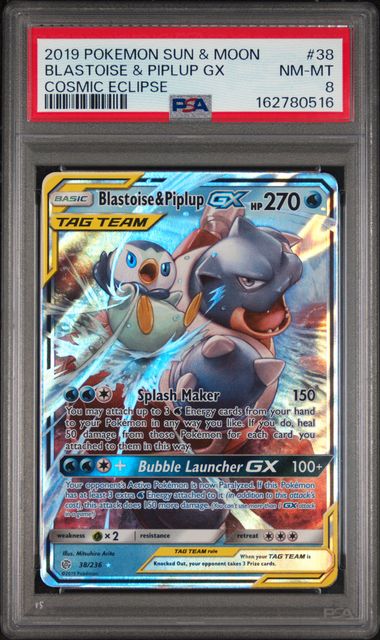 Pokemon Blastoise & Piplup GX 38/236 Full Art 2019 Cosmic Eclipse PSA 8
