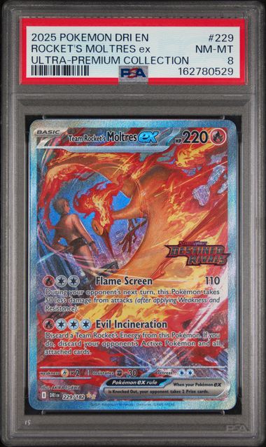 Pokemon Team Rocket's Moltres EX 229/182 Special Illustration Rare Stamped 2025 Destined Rivals PSA 8