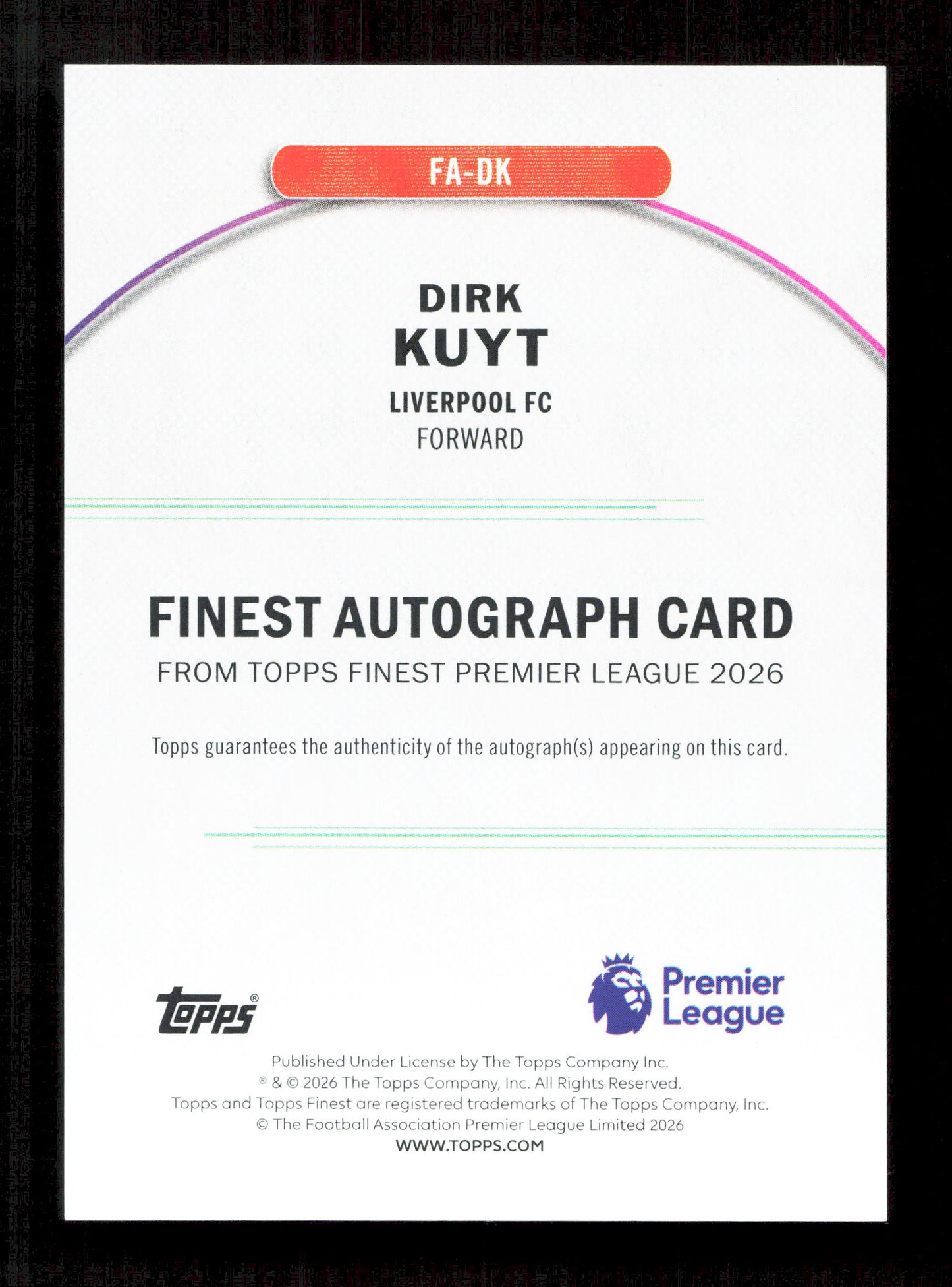 Topps Dirk Kuyt Autograph 41/75 Green FA-DK Finest Premier League 2026