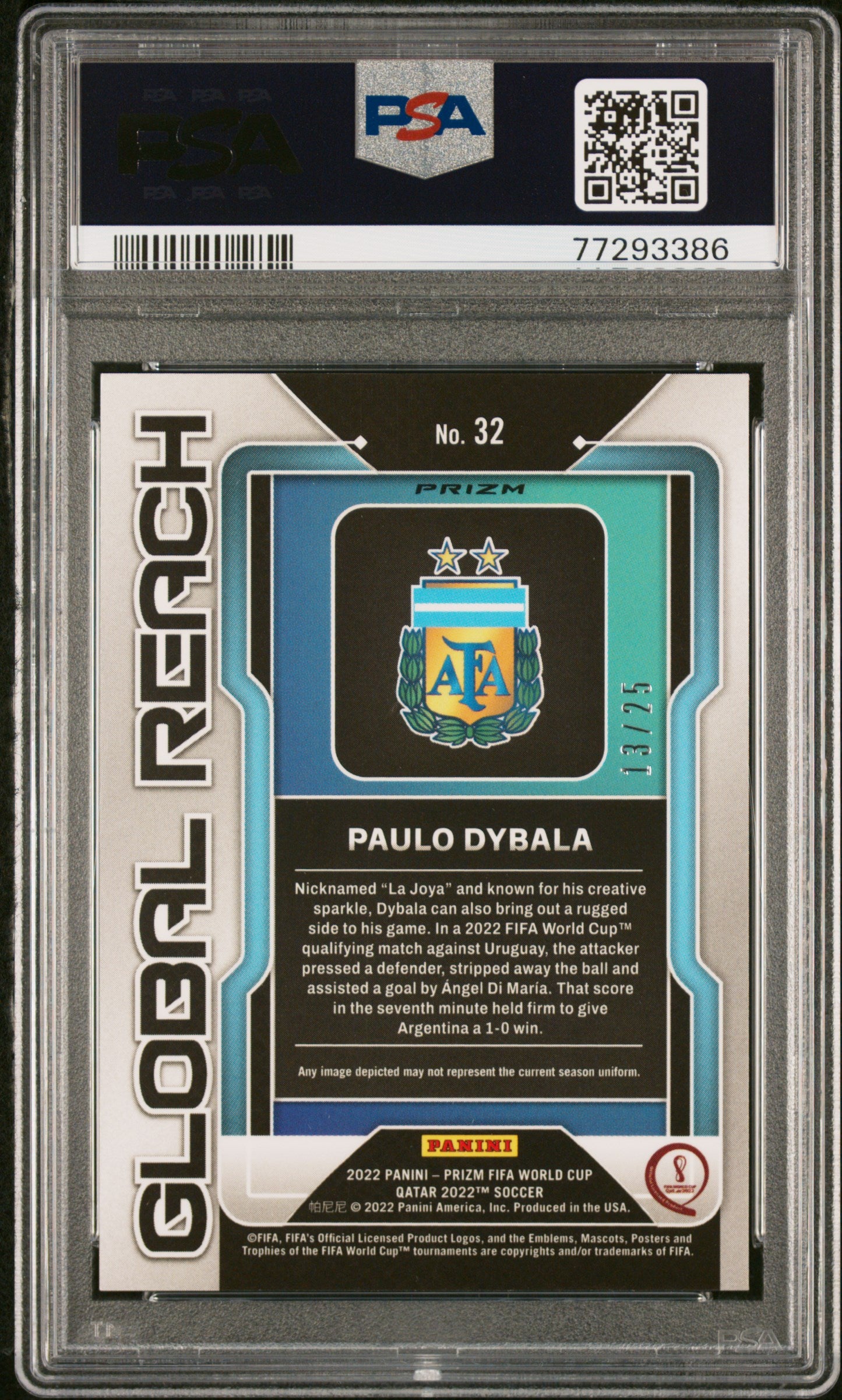 Panini Paulo Dybala Orange Global Reach Prizm /25 Panini Prizm World Cup Qatar 2022 #32 PSA9