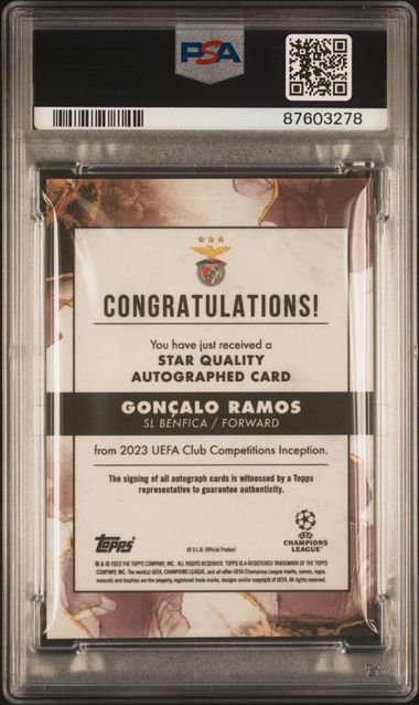 Topps Goncalo Ramos Rainbow Set Gold 1/1 PSA9,Orange /5 PSA9 ,Red /10 PSA10 ,Purple /25 PSA10 ,Blue /49 PSA10 ,Green /99 PSA10, Star Quality Autograph Card Inception UCC 2022-23