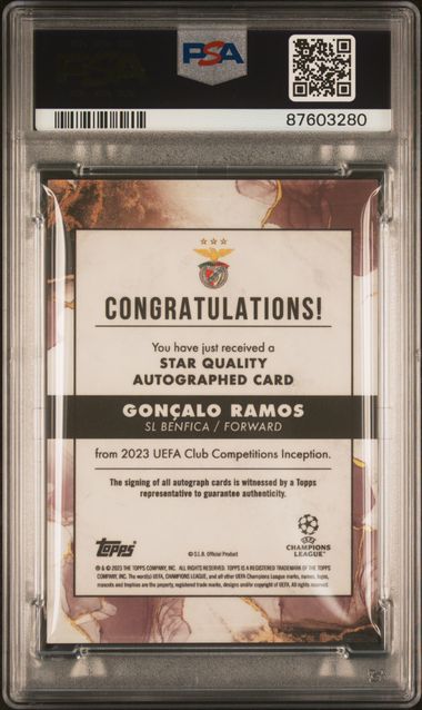 Topps Goncalo Ramos Rainbow Set Gold 1/1 PSA9,Orange /5 PSA9 ,Red /10 PSA10 ,Purple /25 PSA10 ,Blue /49 PSA10 ,Green /99 PSA10, Star Quality Autograph Card Inception UCC 2022-23