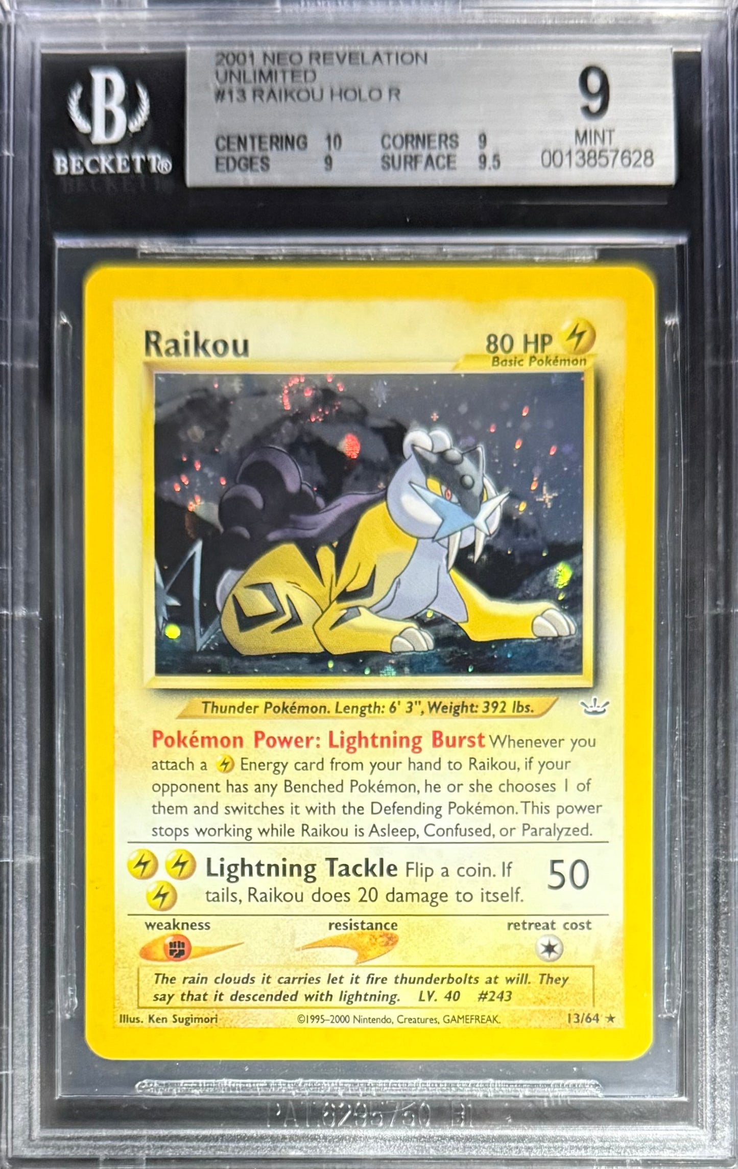 Pokemon Raikou 13/64 Holo (Swirl) Pokemon Neo Revelation Unlimited 2001 Beckett BGS 9