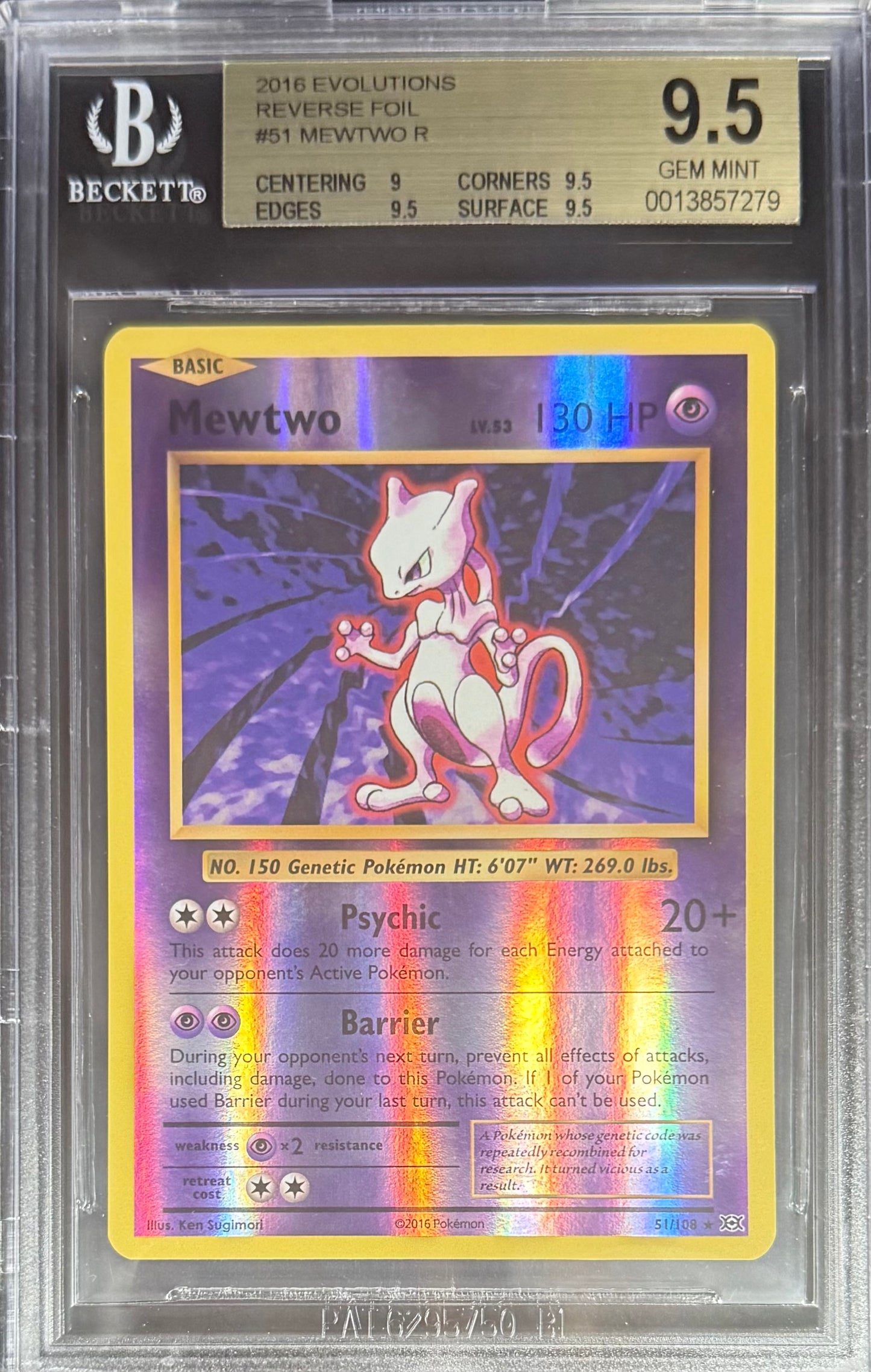Pokemon Mewtwo R 51/108 Reverse Foil Pokemon Evolutions 2016 Beckett BGS 9.5