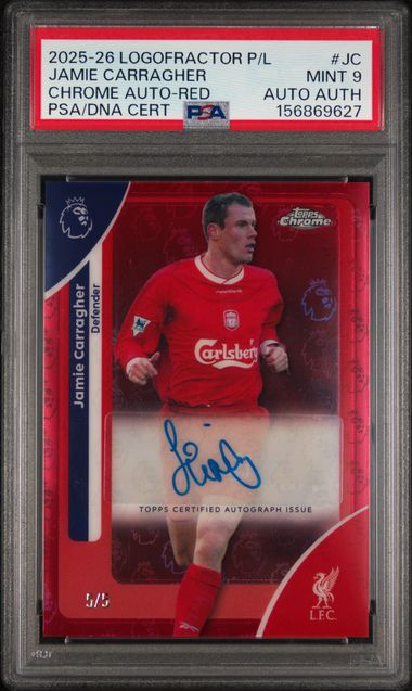 Topps Jamie Carragher 5/5 Chrome Autographs Red CA-JC 2025 -2026 Topps Chrome Premier League Logofractor Edition PSA 9