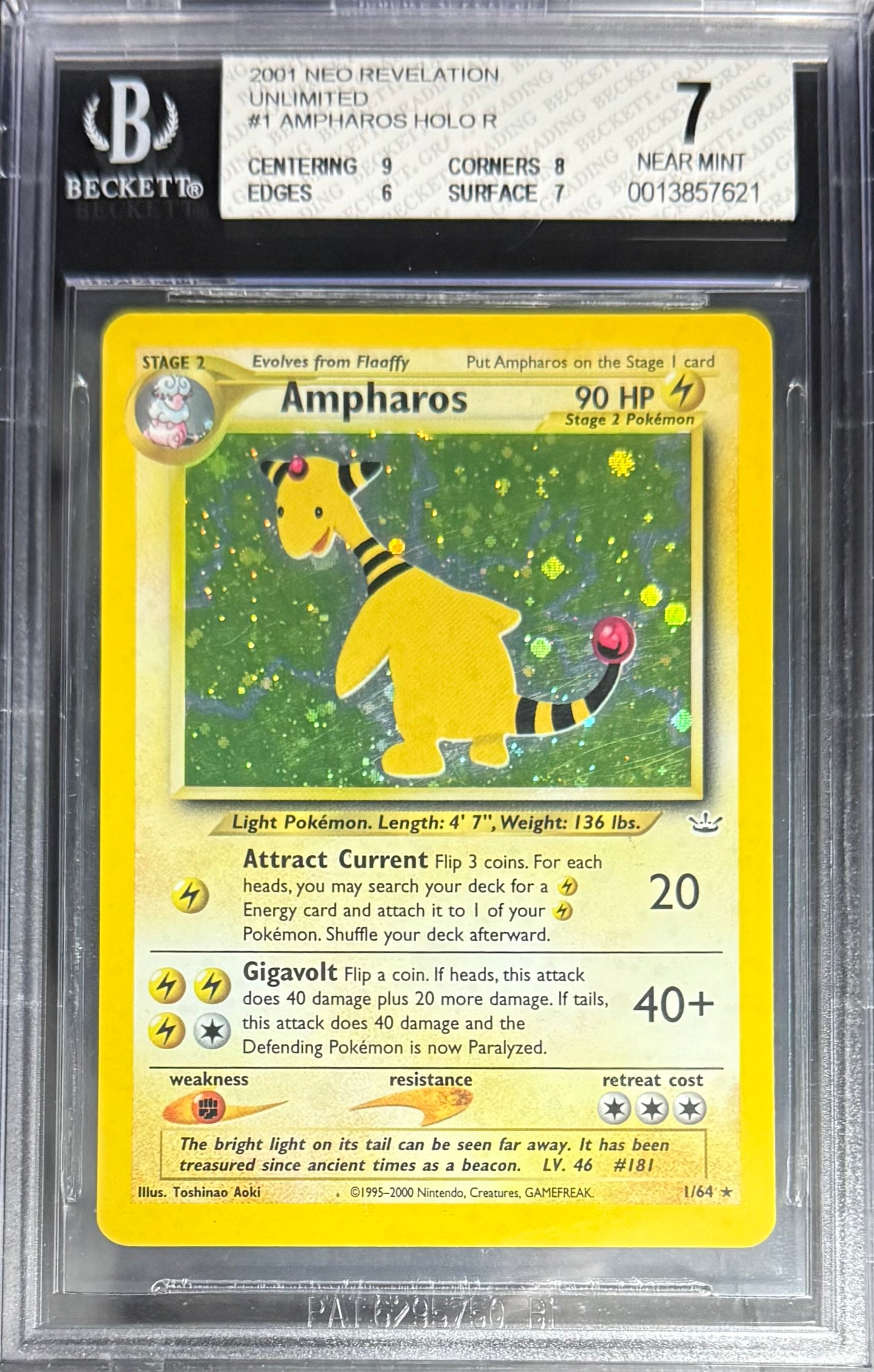 Pokemon Ampharos 1/64 Holo Pokemon Neo Revelation Unlimited 2001 Beckett BGS 7