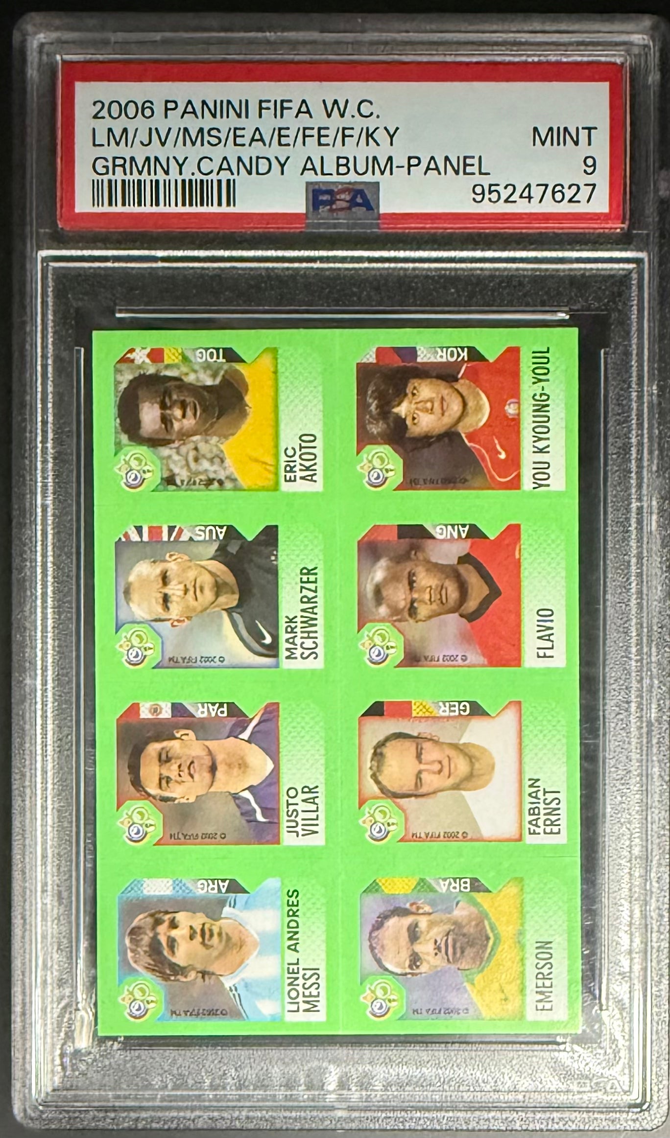 Panini Lionel Messi/Justo Villar/Mark Schwarzer/Eric Akoto/Emerson/Fabian Ernst/Flavio/You Kyoung-Youl  Panini Fifa World Cup Germany Candy Album-Panel 2006 PSA9
