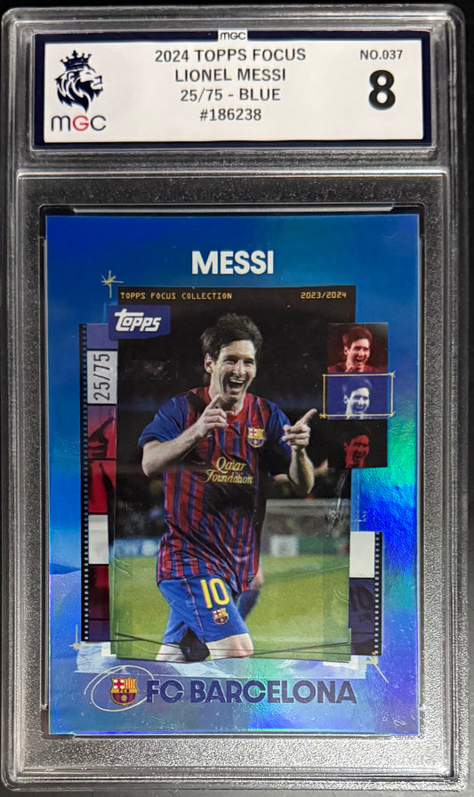 Topps Lionel Messi Blue Parallel Card /75 Focus FC Barcelona 2024 MGC8