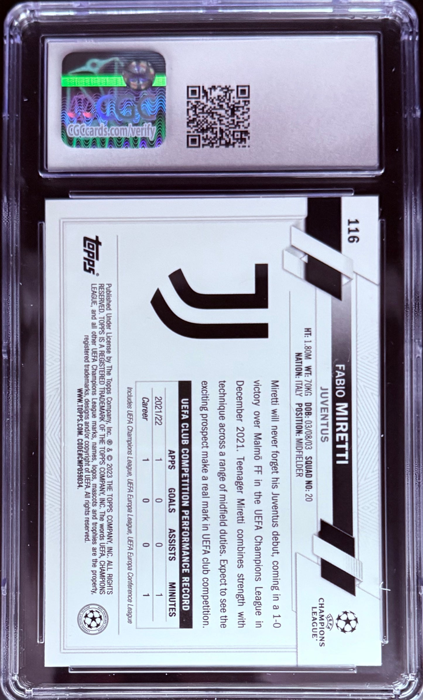 Topps Fabio Miretti Base Card UEFA Club Competitions 2022-23 #116 CGC9.5