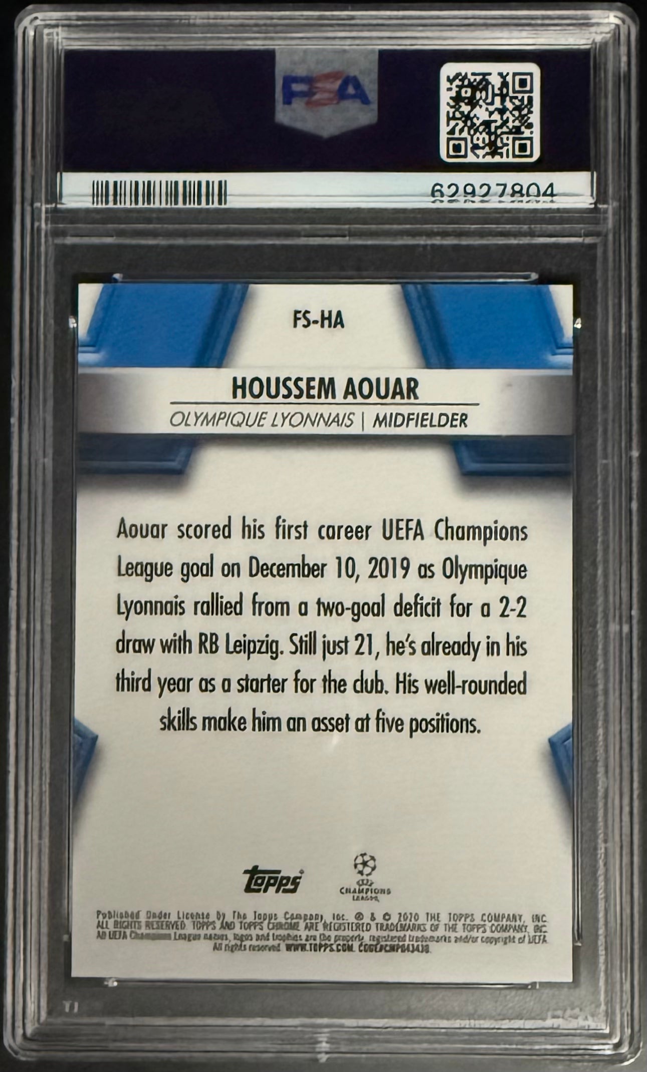 Topps Houssem Aouar Base Future Stars Chrome Sapphire UCL 2019-20 PSA9