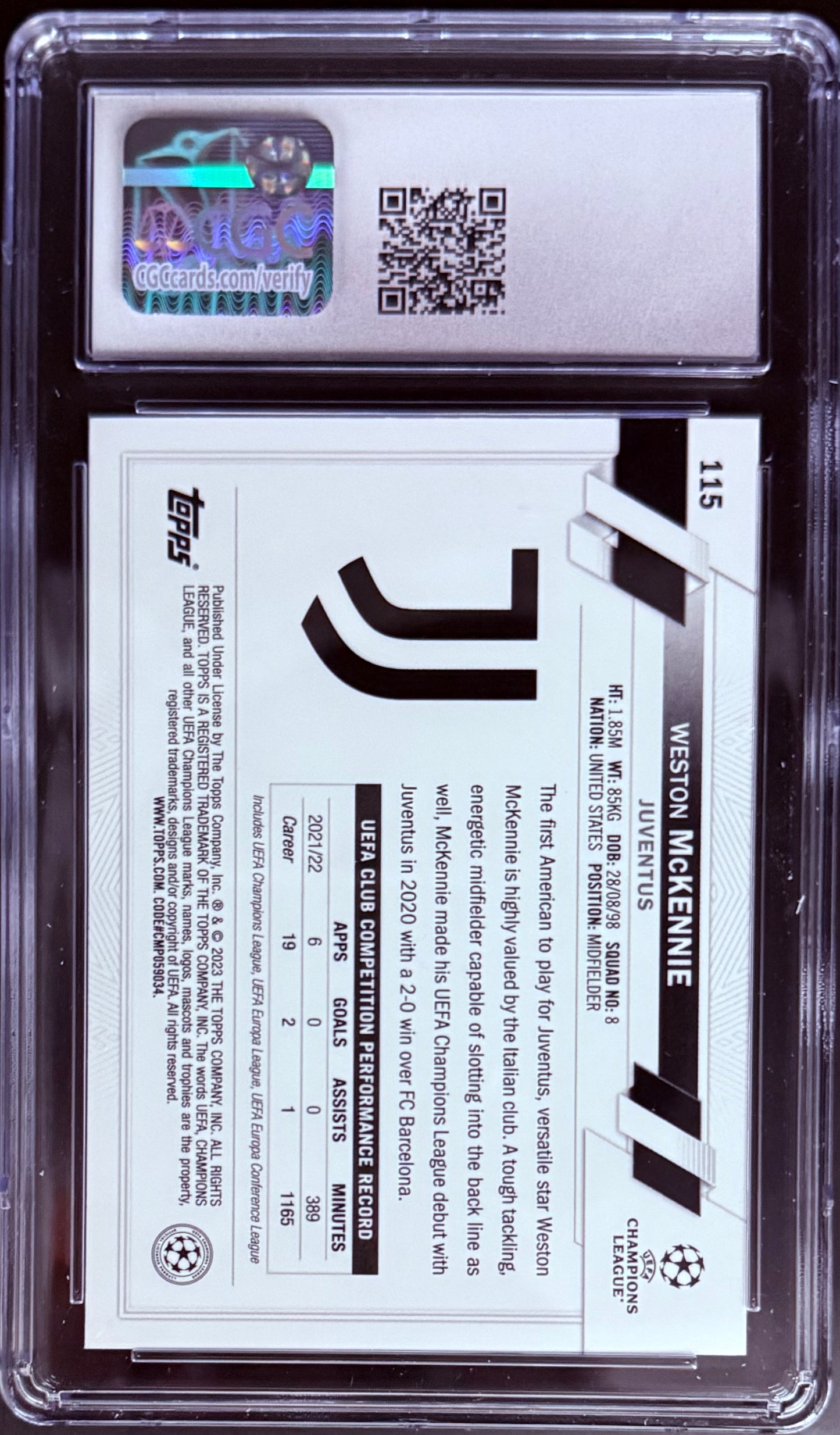Topps Weston Mckennie Base Card UEFA Club Competitions 2022-23 #115 CGC10