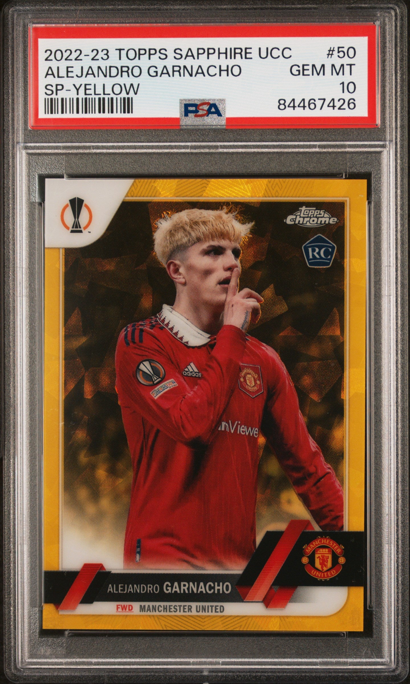 Topps Alejandro Garnacho Yellow SP Card /99 Sapphire UCC 2022-23 #50 PSA10