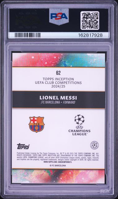 Topps Lionel Messi 102/199 Black #62 2024-2025 Topps Inception Uefa Club Competitions PSA 10