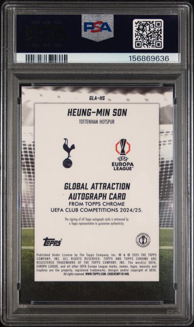 Topps Heung Min Son 10/99 Global Attractions Autographs #GLA-HS 2024 -25 Topps Chrome Uefa Club Competitions PSA 10