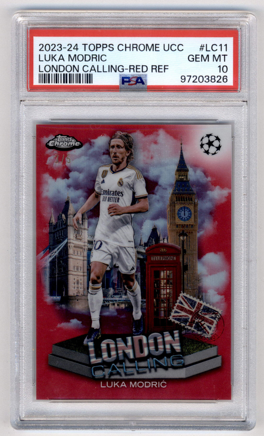 Topps Luka Modric 3/5 London Calling Red Refractor #LC-11 2023 Chrome UEFA Club Competitions PSA 10