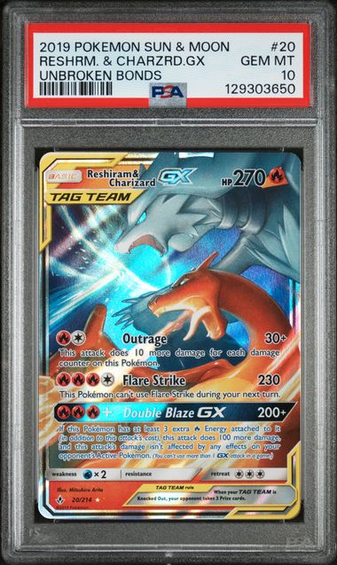 Pokemon Reshiram & Charizard GX 20/214 Full Art 2019 Unbroken Bonds PSA 10