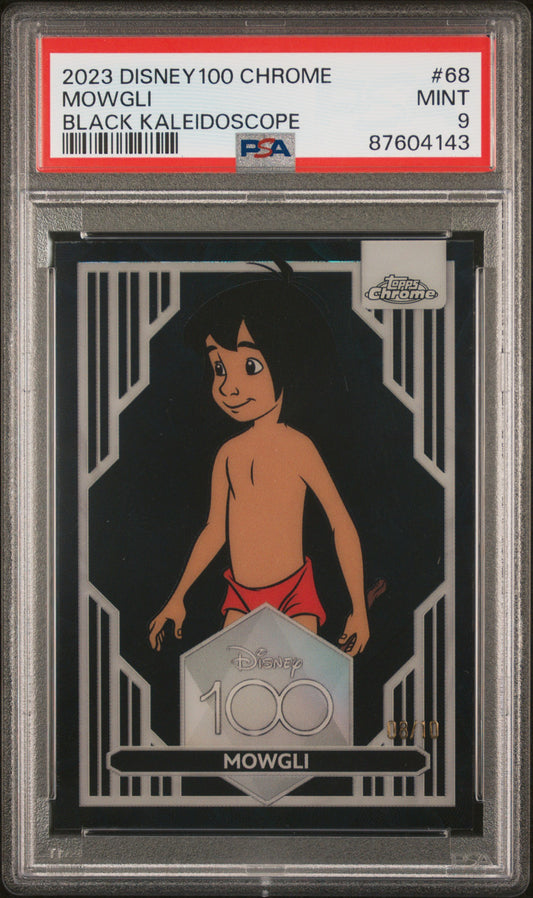 Topps Mowgli Black Kaleidoscope /10 Disney 100 Chrome 2023 #68 PSA9