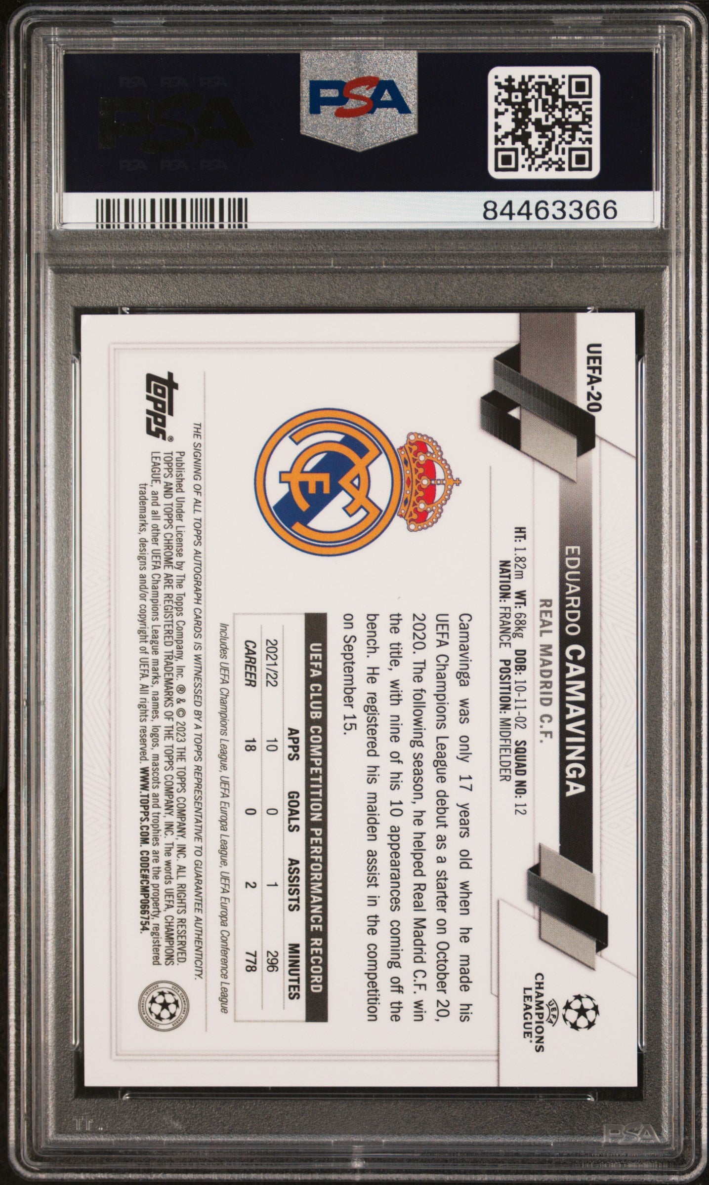 Topps Eduardo Camavinga Red Autograph Card /5 Chrome NSCC UEFA 2023 #20 PSA10