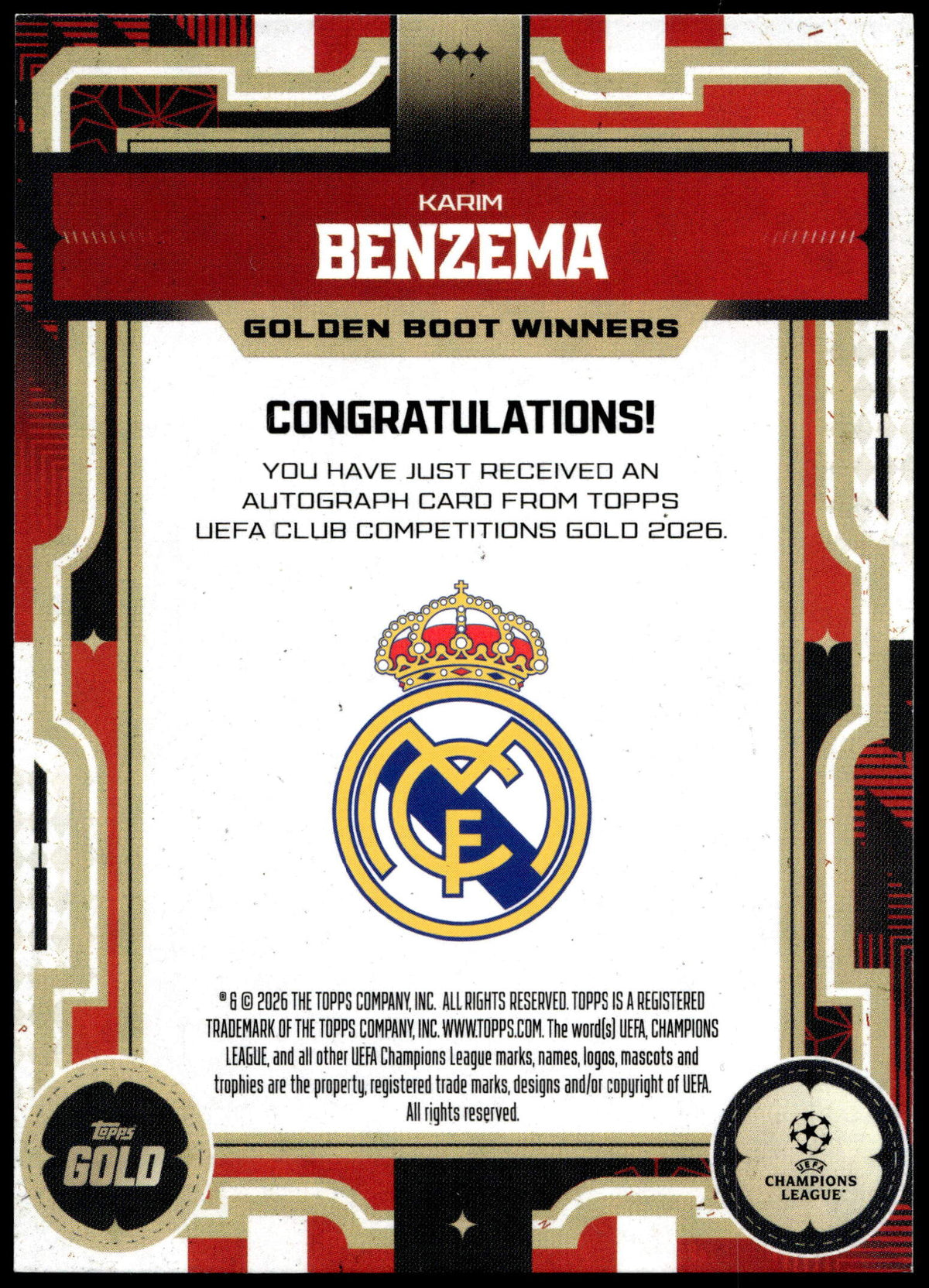 Topps Karim Benzema Golden Boot Winners 1/5 Topps Gold UEFA Club Competitions 2026