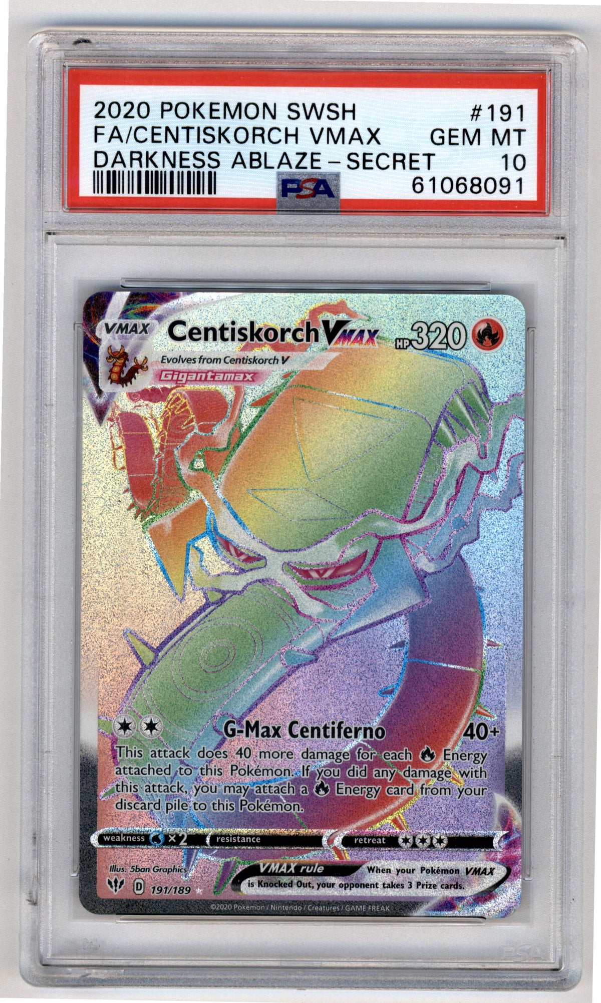 Pokemon Centiskorch Vmax 191/189 Full Art Secret Rare 2020 Sword & Shield Darkness Ablaze PSA 10