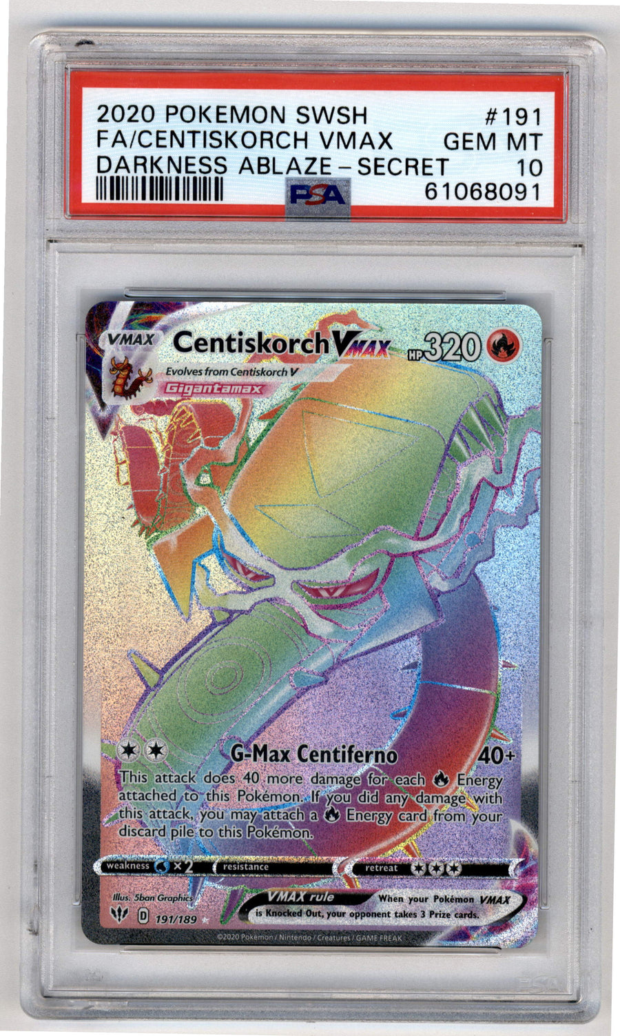Pokemon Centiskorch Vmax 191/189 Full Art Secret Rare 2020 Sword & Shield Darkness Ablaze PSA 10