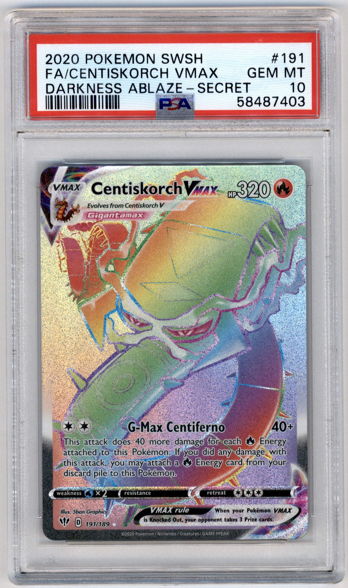 Pokemon Centiskorch Vmax 191/189 Full Art Secret Rare 2020 Sword & Shield Darkness Ablaze PSA 10